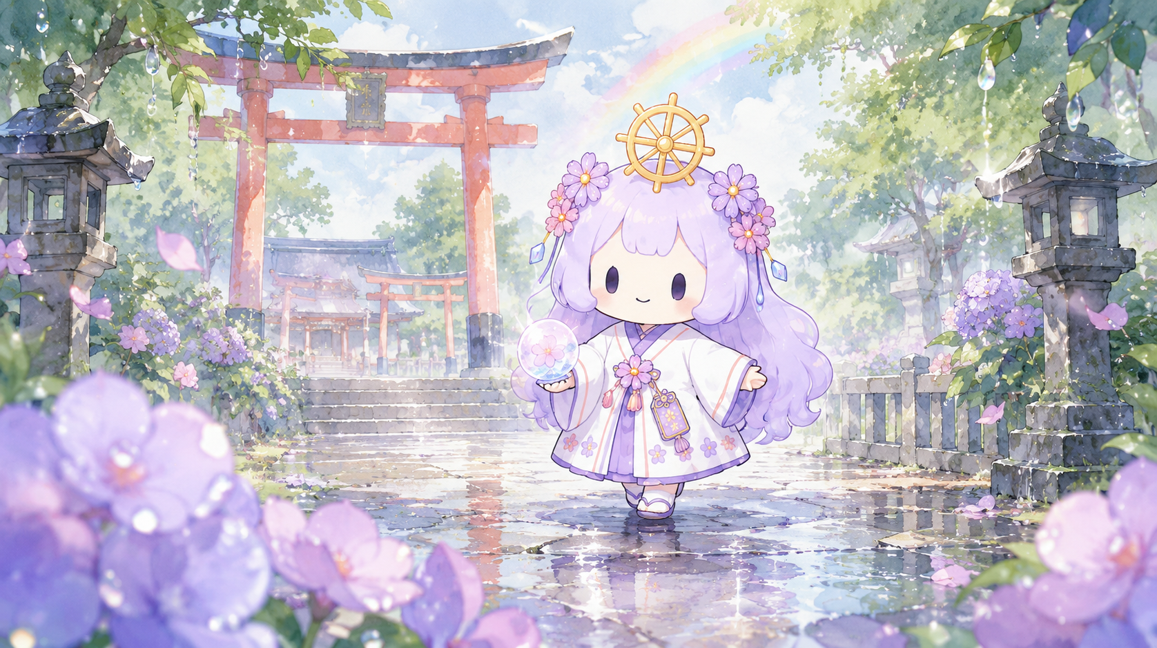雨後の神社で歩くシンギュラリたん